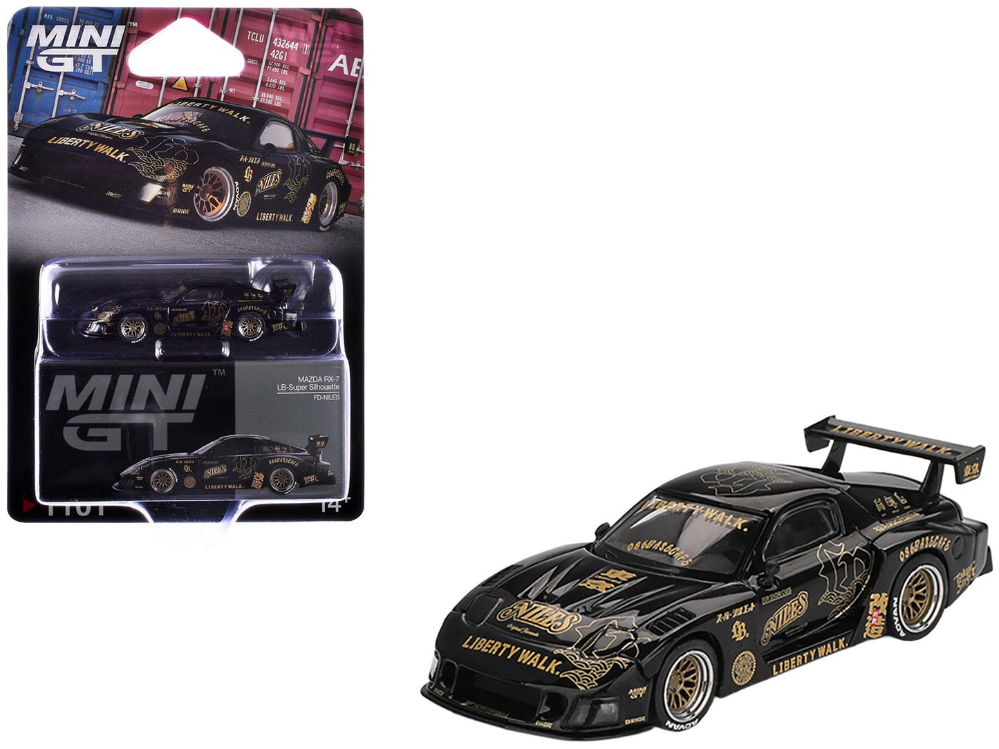 Mazda RX-7 LB-Super Silhouette "FD-NILES" Black with Gold Graphics Limited Edition 1/64 Diecast Model Car by Mini GT free shipping USA