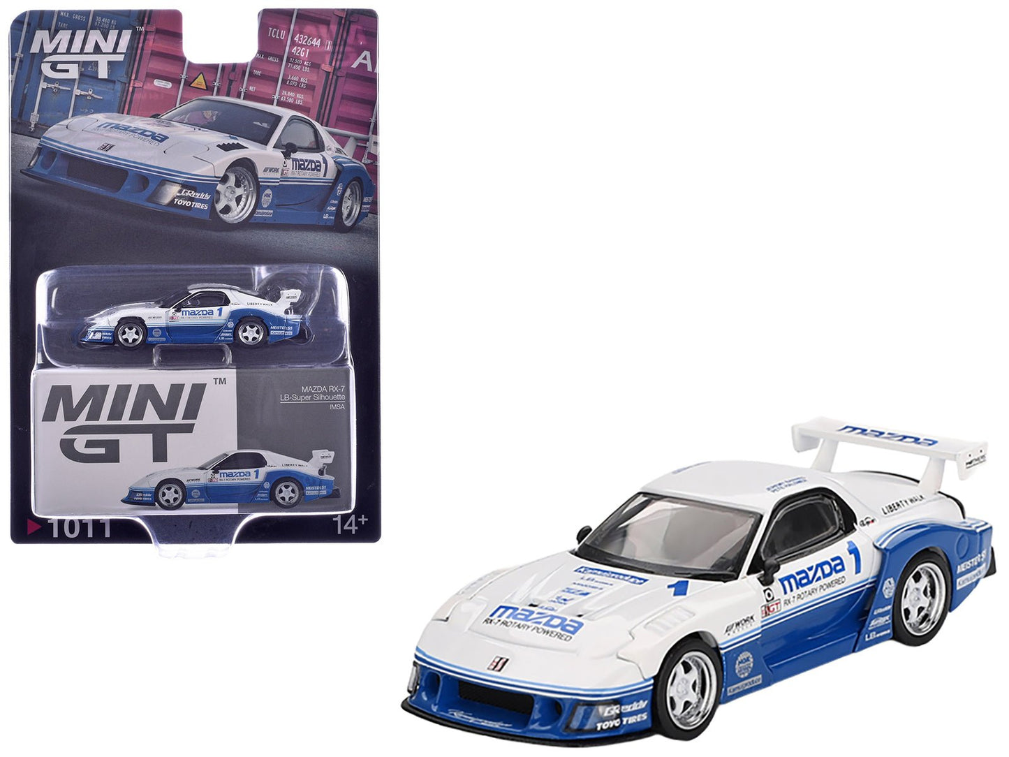 Mazda RX-7 LB-Super Silhouette RHD (Right Hand Drive) "IMSA" White and Blue Limited Edition 1/64 Diecast Model Car by Mini GT free shipping USA