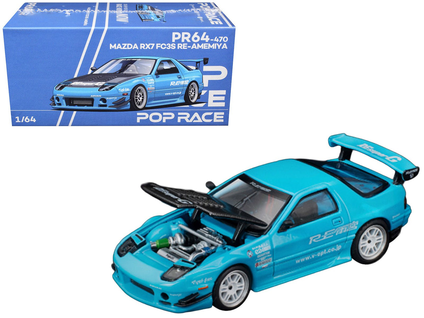 Mazda RX7 (FC3S) RE Amemiya RHD (Right Hand Drive) Light Blue with Carbon Hood "Tokyo Auto Salon 2026" 1/64 Diecast Model Car by Pop Race free shipping USA