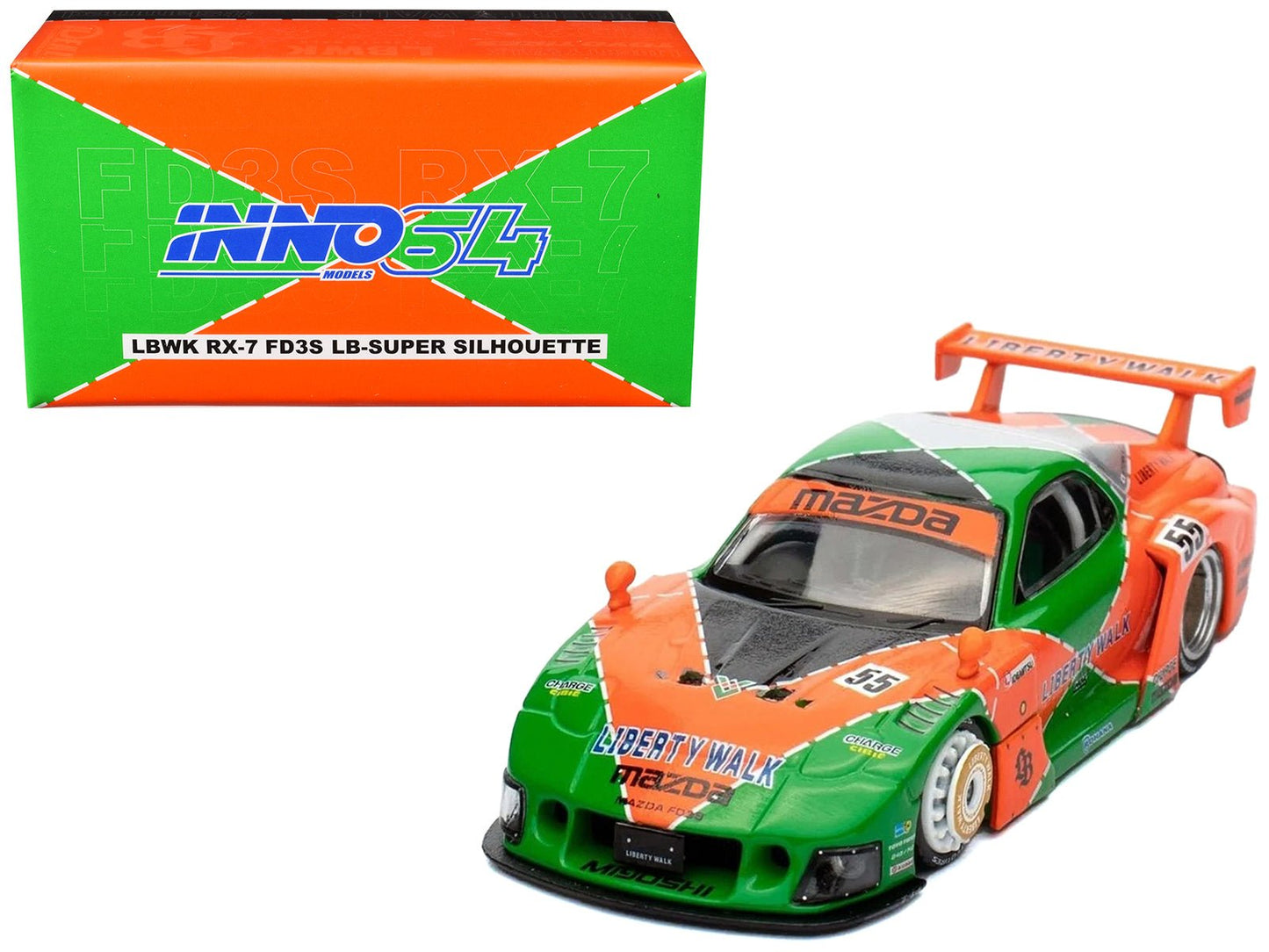 Mazda RX7 (FD3S) LB-Super-Silhouette RHD (Right Hand Drive) #55 Green and Orange with Graphics "Tokyo Auto Salon 2024 - Malaysia Diecast Expo 2024" 1/64 Diecast Model Car by Inno Models free shipping USA
