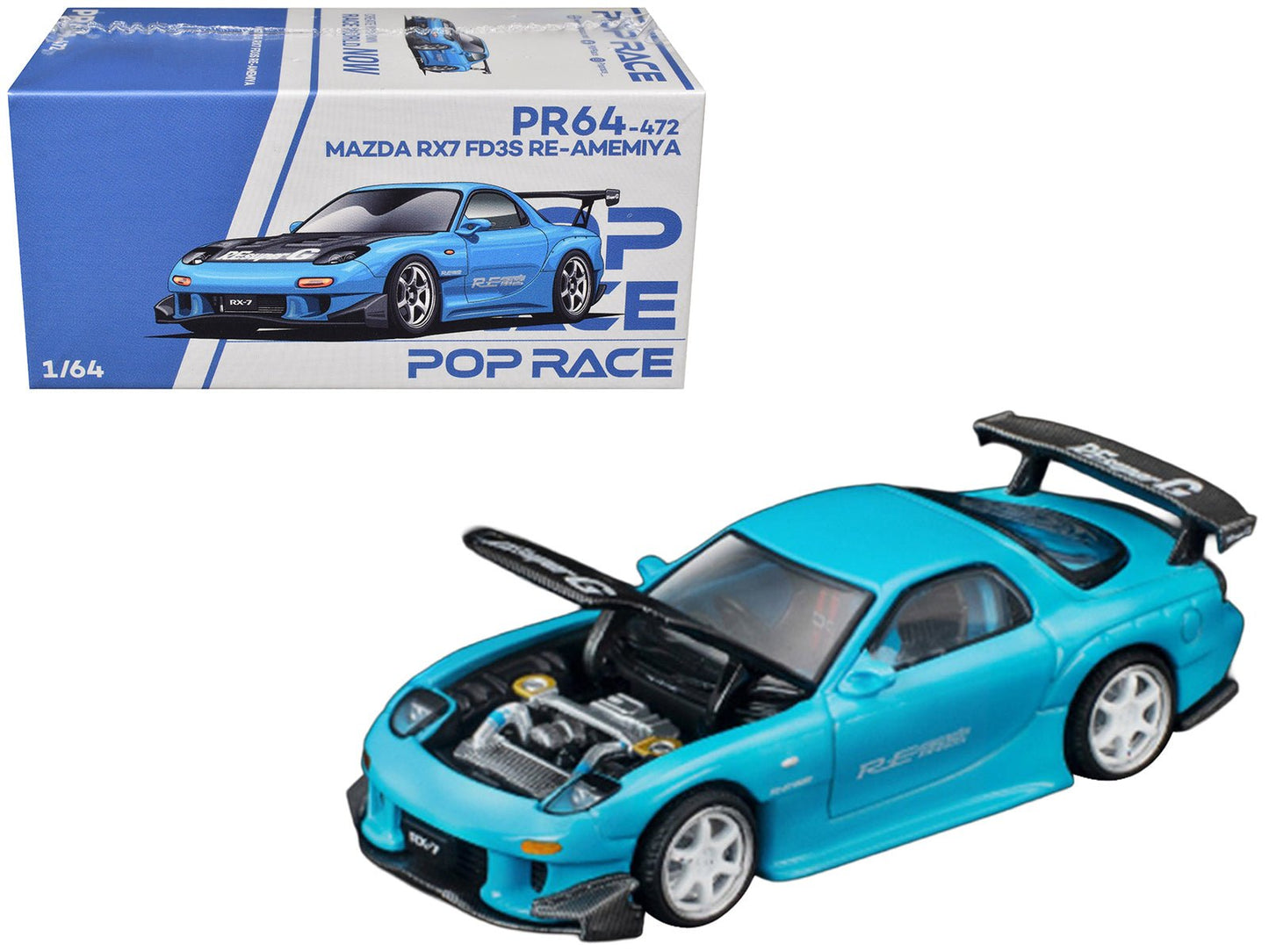 Mazda RX7 (FD3S) RE Amemiya RHD (Right Hand Drive) Light Blue with Carbon Hood "Tokyo Auto Salon 2026" 1/64 Diecast Model Car by Pop Race free shipping USA