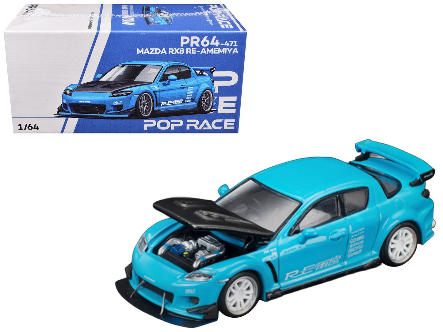 Mazda RX8 RE Amemiya RHD (Right Hand Drive) Light Blue with Carbon Hood "Tokyo Auto Salon 2026" 1/64 Diecast Model Car by Pop Race free shipping USA