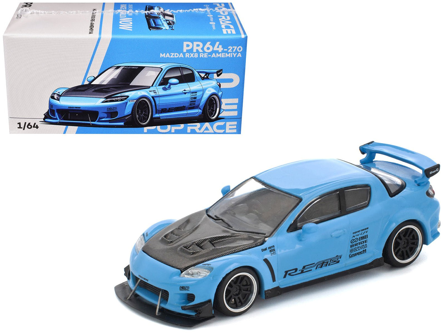 Mazda RX8 RE-Amemiya Widebody RHD (Right Hand Drive) Light Blue with Carbon Hood 1/64 Diecast Model Car by Pop Race free shipping USA