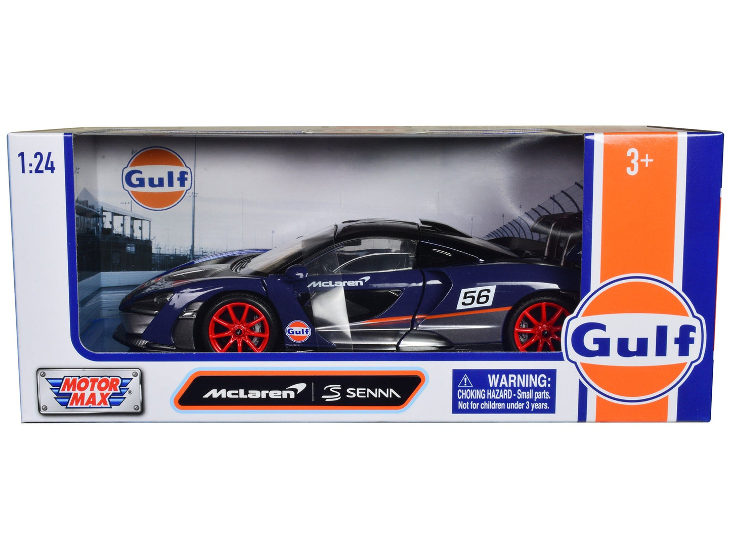 McLaren Senna #56 Dark Blue and Silver with Orange Stripes "Gulf Oil" "Gulf Die-Cast Collection" 1/24 Diecast Model Car by Motormax free shipping USA