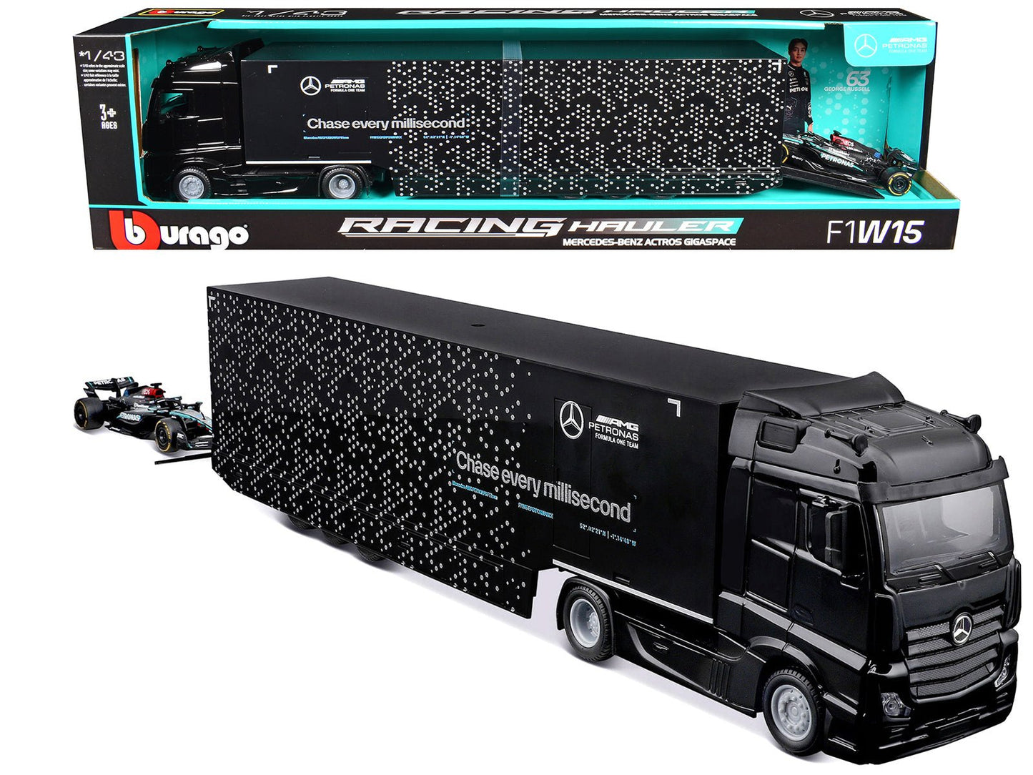 Mercedes-Benz Actros Gigaspace Car Transporter Black and Mercedes-AMG F1 W15 E Performance #63 George Russell "Petronas" Formula One F1 World Championship (2024) "Racing Hauler" Series 1/43 Diecast Model Car by Bburago free shipping USA
