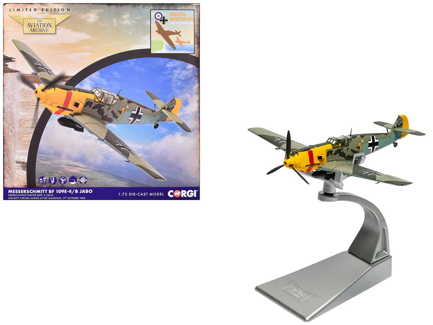 Messerschmitt Bf 109E-4/B Jabo Fighter-Bomber Aircraft "Oberleutnant Walter Rupp 3./JG53 RAF Manston Battle of Britain" (1940) German Luftwaffe "The Aviation Archive" Series 1/72 Diecast Model by Corgi free shipping USA