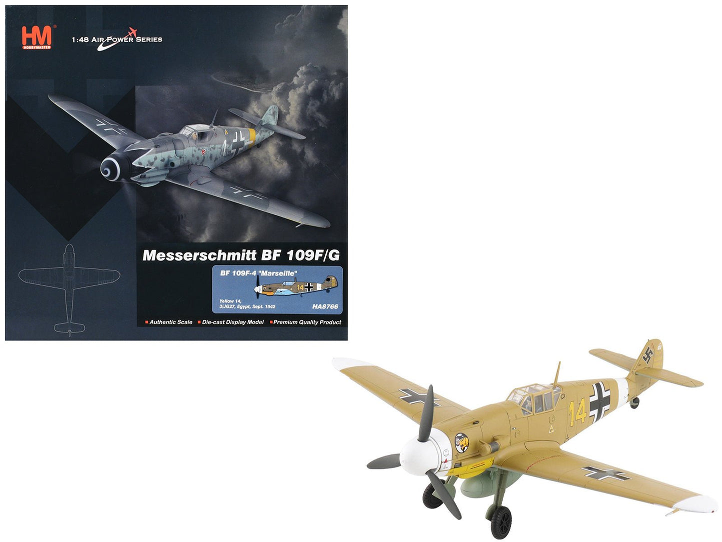 Messerschmitt Bf 109F-4 Fighter Aircraft "Marseille Yellow 14 3./JG27 Egypt" (1942) German Luftwaffe "Air Power Series" 1/48 Diecast Model by Hobby Master free shipping USA
