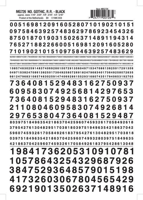 Woodland Scenics MG726 Gothic R.R. Numbers Black 1/16-5/16" Train Decal Sheet