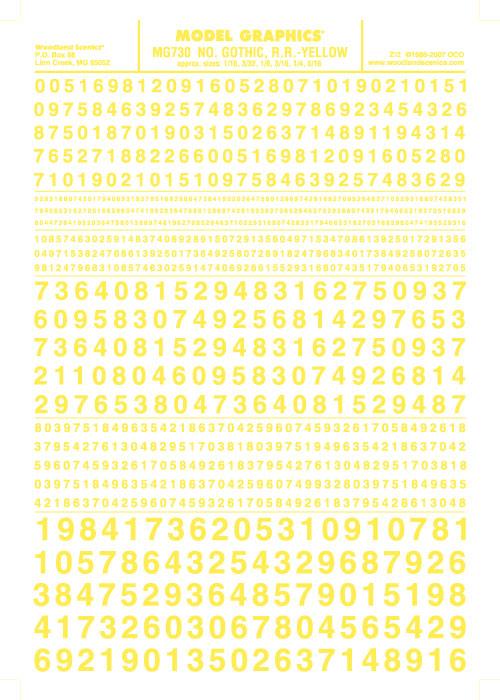 Woodland Scenics MG730 Gothic R.R. Numbers Yellow 1/16-5/16" Train Decal Sheet