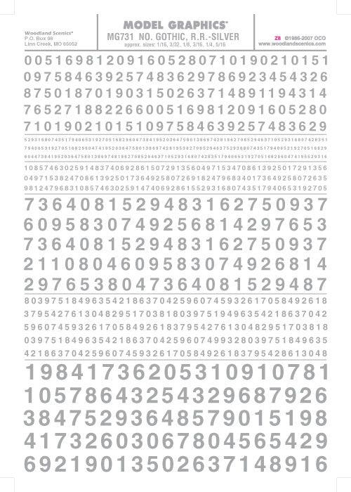 Woodland Scenics MG731 Gothic R.R. Numbers Silver 1/16-5/16"Train Decal Sheet