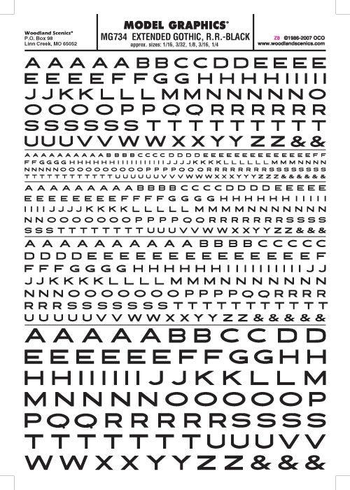 Woodland Scenics MG734 Ext Gothic RR Letters Black 1/16-1/4" Train Decal Sheet