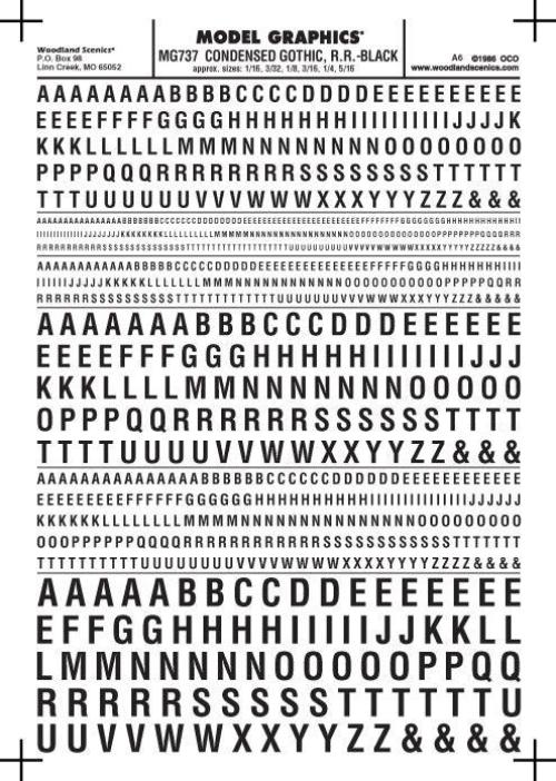 Woodland Scenics MG737 Cond Gothic RR Letters Blk 1/16-5/16" Train Decal Sheet