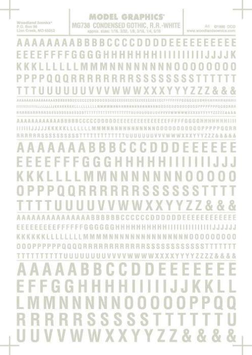 Woodland Scenics MG738 Cond Gothic RR Letters Wht 1/16-5/16" Train Decal Sheet