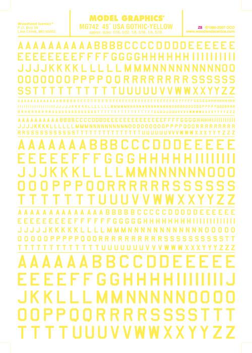 Woodland Scenics MG742 45 Deg USA Gothic Letter Yel 1/16-5/16 Train Decal Sheet