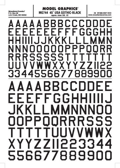 Woodland Scenics MG744 45 Deg USA Gothic Let/Num Blk 1/16-5/16 Train Decal Sheet
