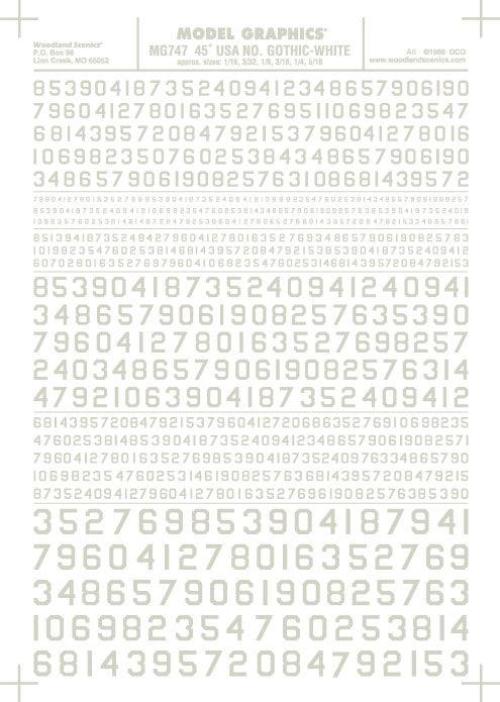 Woodland Scenics MG747 45 Deg USA Gothic Num Wht 1/16-5/16 Train Decal Sheet