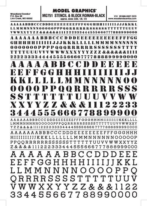 Woodland Scenics MG751 Stencil/Roman Ltr/Num Blk 3/32,1/8,1/4 Train Decal Sheet