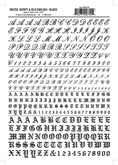 Woodland Scenics MG755 Script/Old Eng Ltr/Num Blk 3/16,5/16"Train Decal Sheet