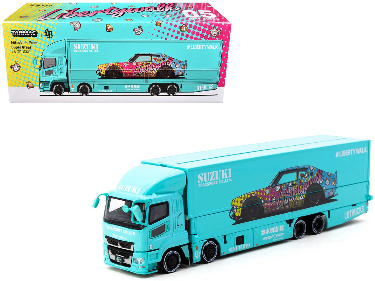 Mitsubishi Fuso Truck with Transporter "Liberty Walk - Suzuki Transport" Light Blue with Graphics "Truck64" Series 1/64 Diecast Model Car by Tarmac Works free shipping USA
