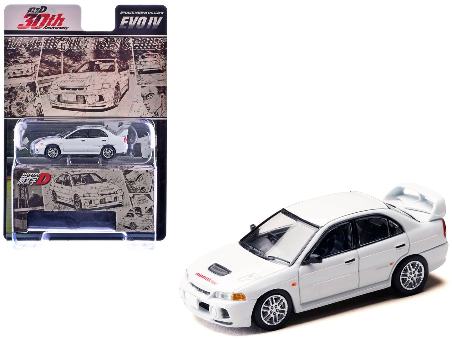 Mitsubishi Lancer RS Evolution IV RHD (Right Hand Drive) "MonStar" White "Initial D" (1995-2013) Manga "Diorama Set Series" 1/64 Diecast Model car by Hobby Japan free shipping USA