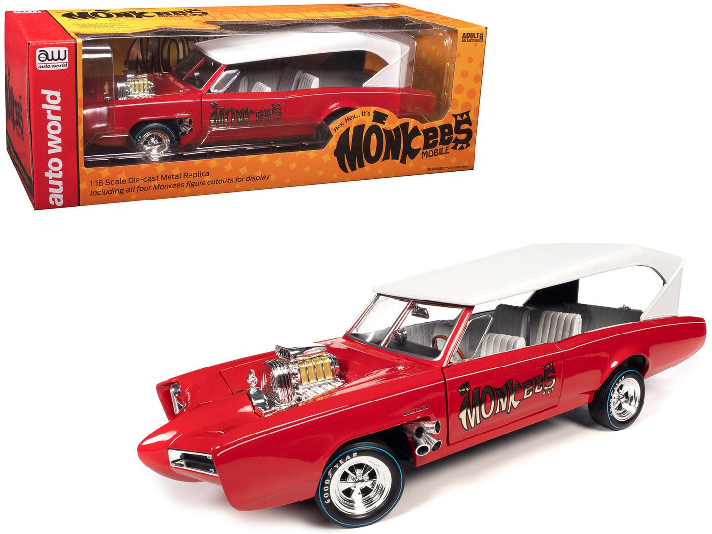Monkeemobile Red with White Top and Interior "The Monkees" with Four Monkees Figure Cutouts "Silver Screen Machines" Series 1/18 Diecast Model Car by Auto World free shipping USA