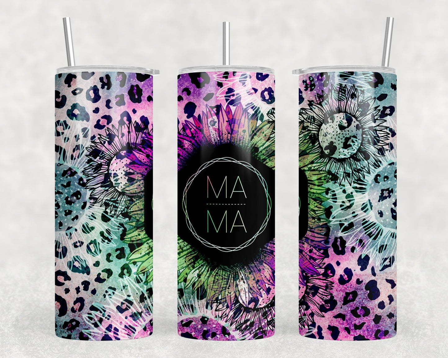Neon Leopard Print Mama - 20 oz Steel Skinny Tumbler - Optional Blue Tooth Speaker - Speaker Color will Vary by Rowdy Ridge Co