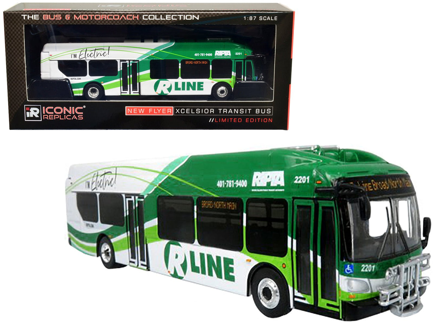 New Flyer Xcelsior Charge NG Electric Transit Bus RIPTA (Rhode Island Public Transit Authority) "R Line Broad/North Main" "The Bus & Motorcoach Collection" 1/87 Diecast Model by Iconic Replicas free shipping USA