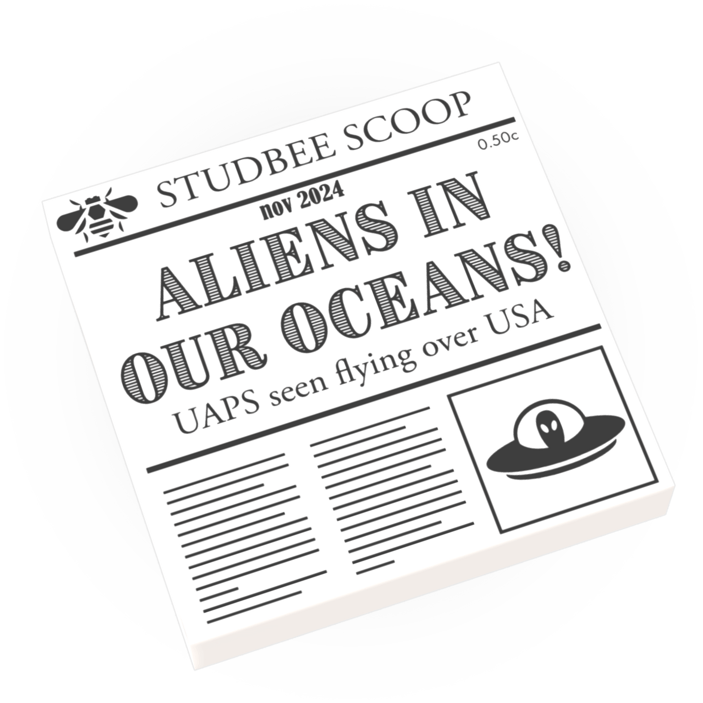 Aliens in our Ocean - Newspaper Headline - Custom Printed Using LEGO® Parts (2 x 2 Tile)