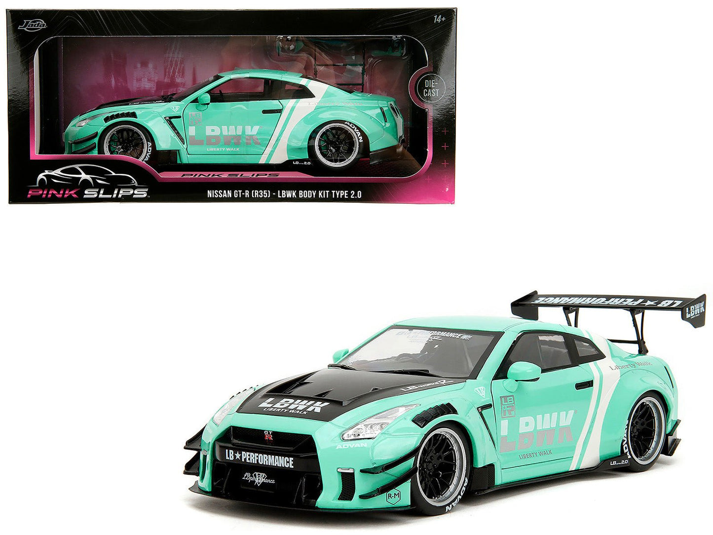 Nissan GT-R (R35) Liberty Walk Body Kit 2.0 RHD (Right Hand Drive) Light Blue with Black Hood and White Stripes "Pink Slips" Series 1/18 Diecast Model Car by Jada free shipping USA