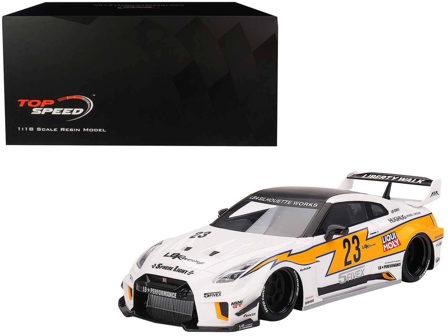 Nissan LB-Silhouette WORKS GT 35GT-RR Ver.1 RHD (Right Hand Drive) #23 White with Yellow Stripes "LB Racing" 1/18 Model Car by Top Speed free shipping USA