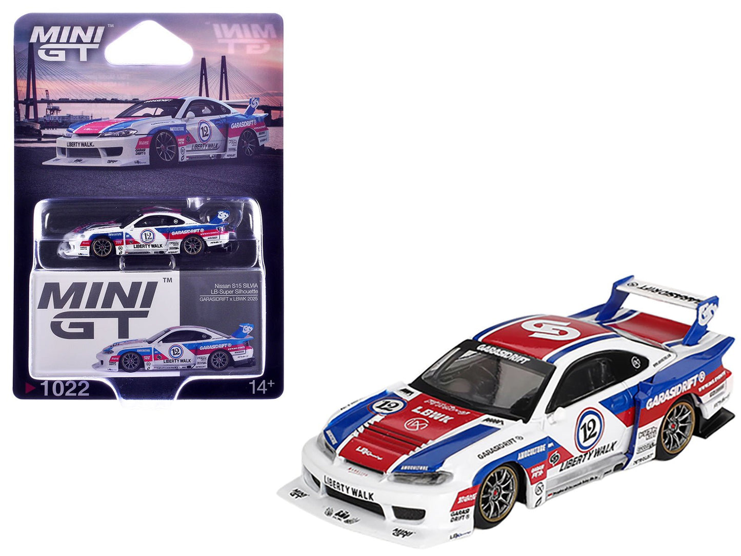 Nissan "LB-Super Silhouette" S15 SILVIA RHD (Right Hand Drive) "GARASIDRIFT x LBWK 2025" White with Blue and Red Stripes Limited Edition 1/64 Diecast Model Car by Mini GT free shipping USA