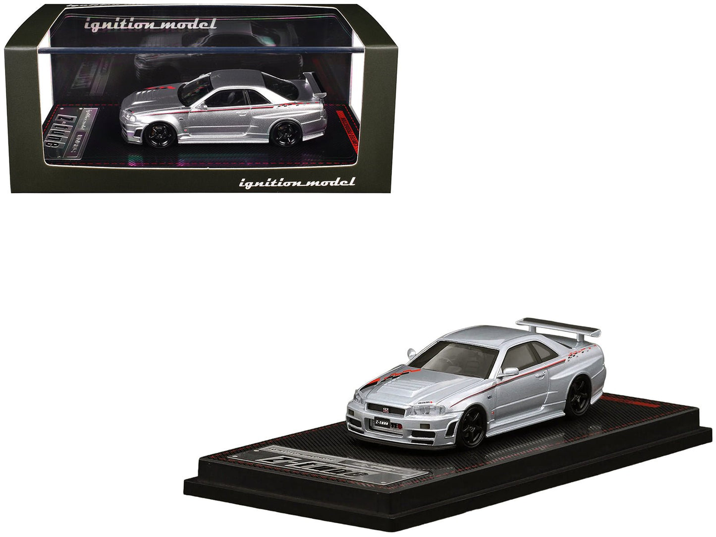 Nissan Skyline GT-R (BNR34) Z-Tune Nismo RHD (Right Hand Drive) Silver Metallic with Graphics 1/64 Diecast Model Car by Ignition Model free shipping USA