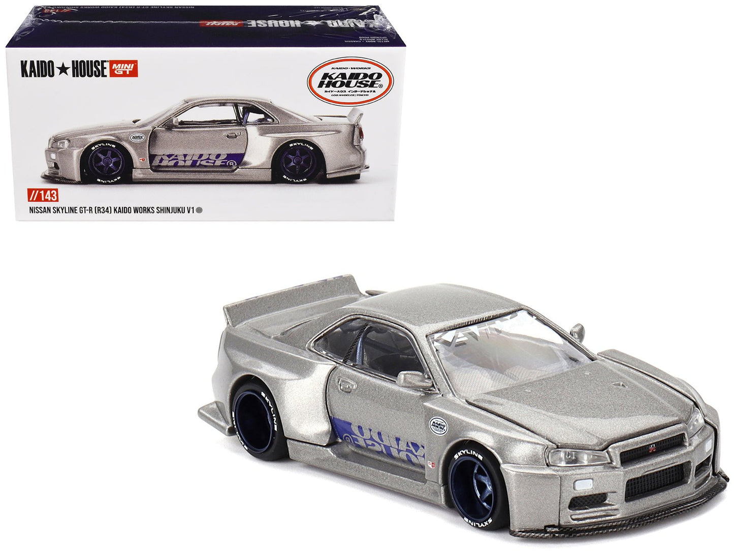 Nissan Skyline GT-R (R34) "Kaido Works Shinjuku V1" RHD (Right Hand Drive) Silver Metallic (Designed by Jun Imai) "Kaido House" Special 1/64 Diecast Model Car by Mini GT free shipping USA