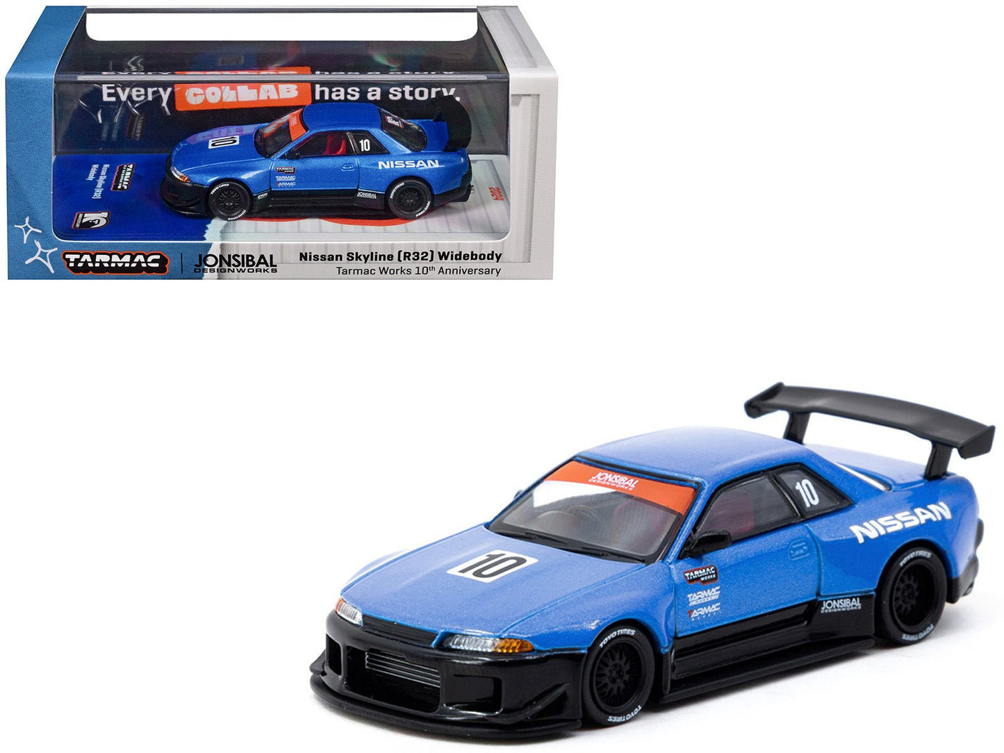 Nissan Skyline (R32) Widebody RHD (Right Hand Drive) #10 "Tarmac Works 10th Anniversary" Blue Metallic "Global64" 1/64 Diecast Model Car by Tarmac Works free shipping USA