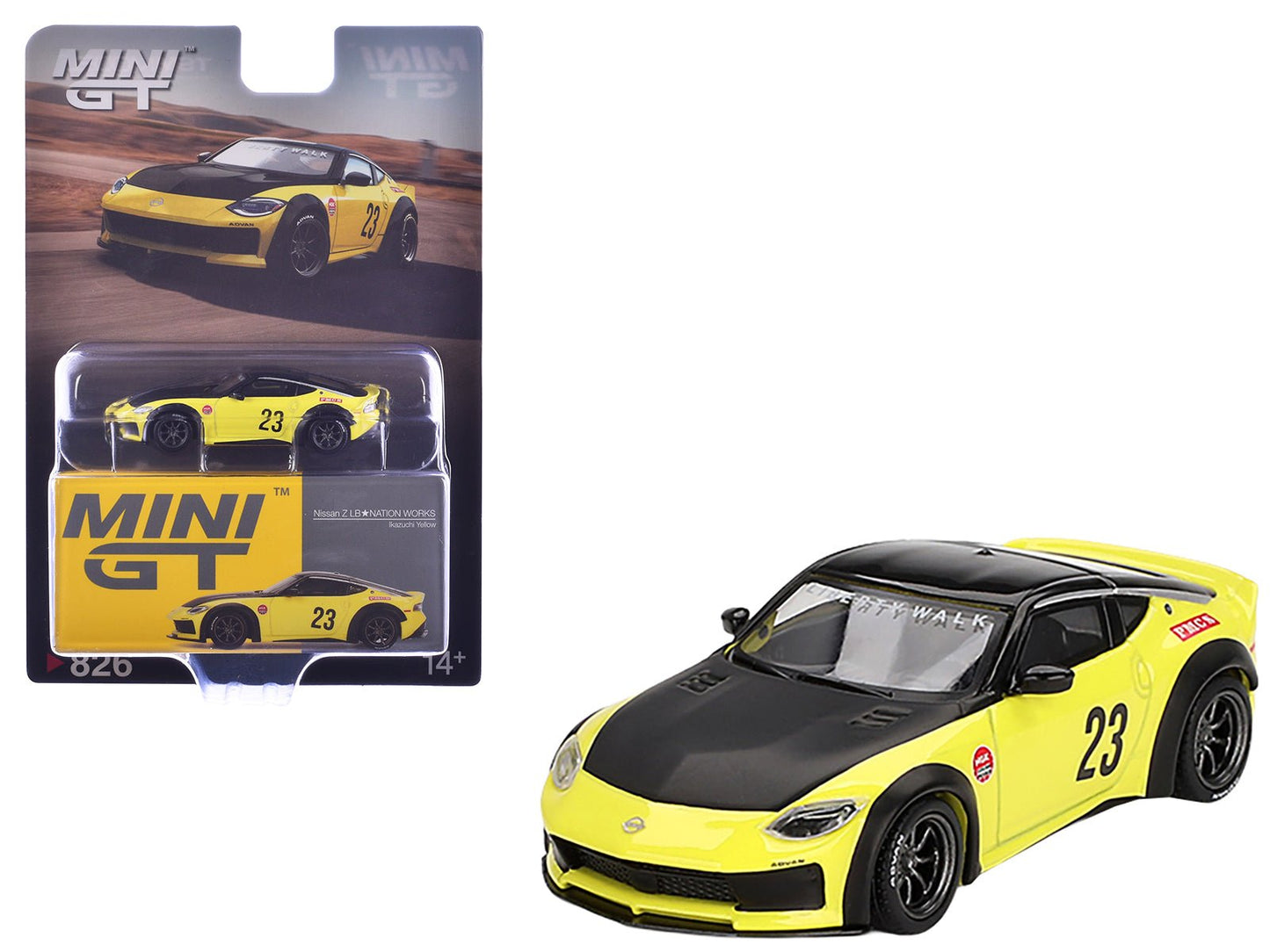 Nissan Z "LB-Nation Works" #23 Ikazuchi Yellow with Black Hood and Top Limited Edition 1/64 Diecast Model Car by Mini GT free shipping USA