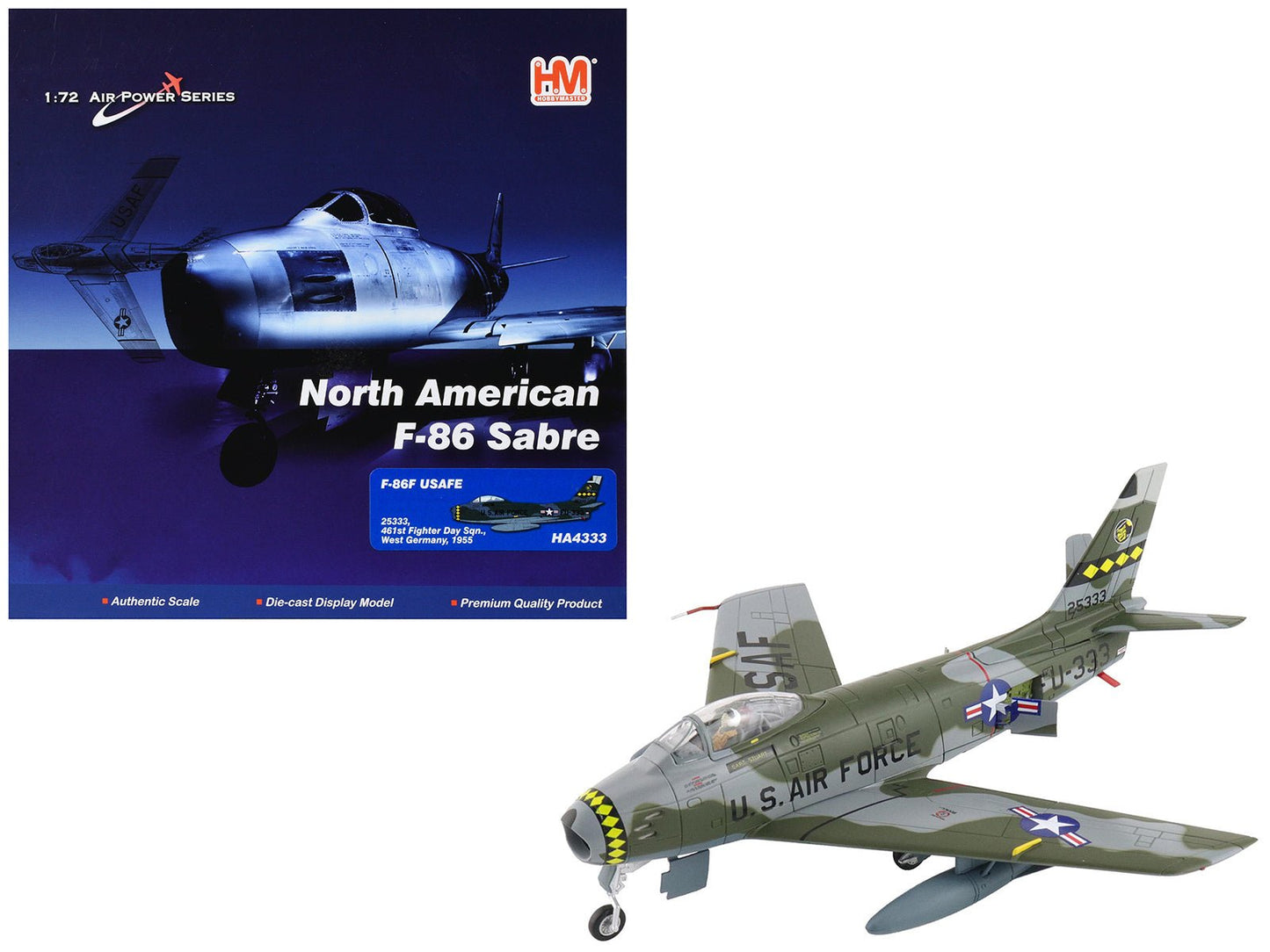 North American F-86F Sabre Fighter Aircraft "25333 461st Fighter Day Squadron West Germany" (1955) United States Air Forces in Europe "Air Power Series" 1/72 Diecast Model by Hobby Master free shipping USA