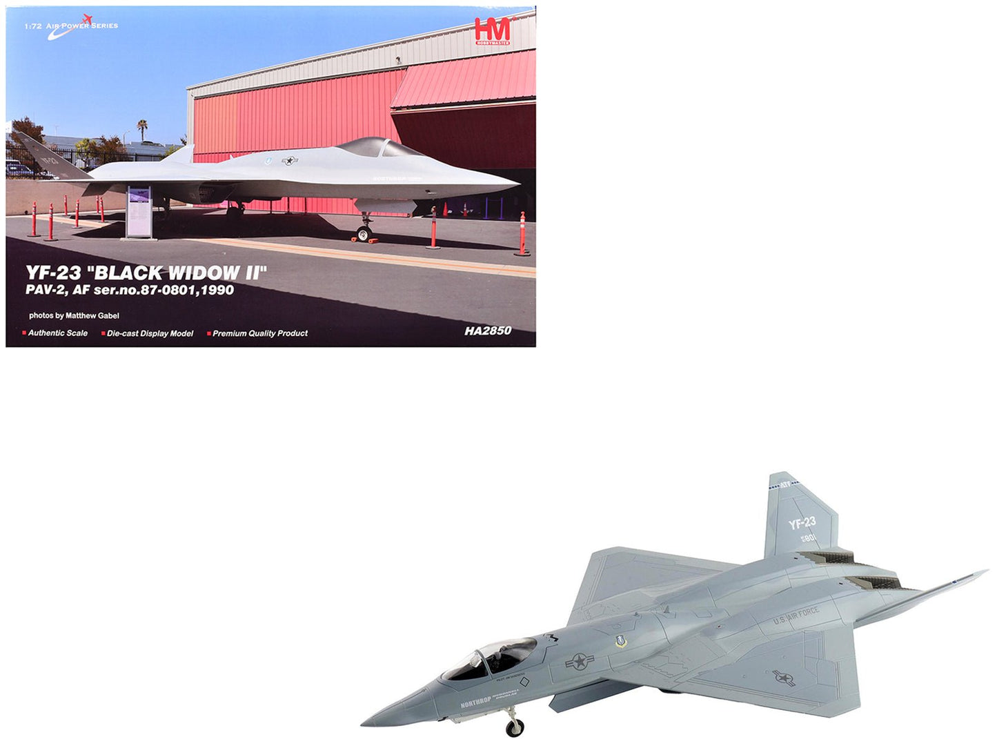 Northrop YF-23 Black Widow II Stealth Fighter Aircraft "#87-0801 PAV-2" (1990) United States Air Force "Air Power Series" 1/72 Diecast Model by Hobby Master free shipping USA