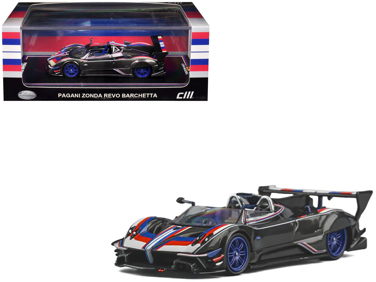 Pagani Zonda Revo Barchetta Carbon with Red White and Blue Stripes 1/64 Diecast Model Car by CM Model free shipping USA