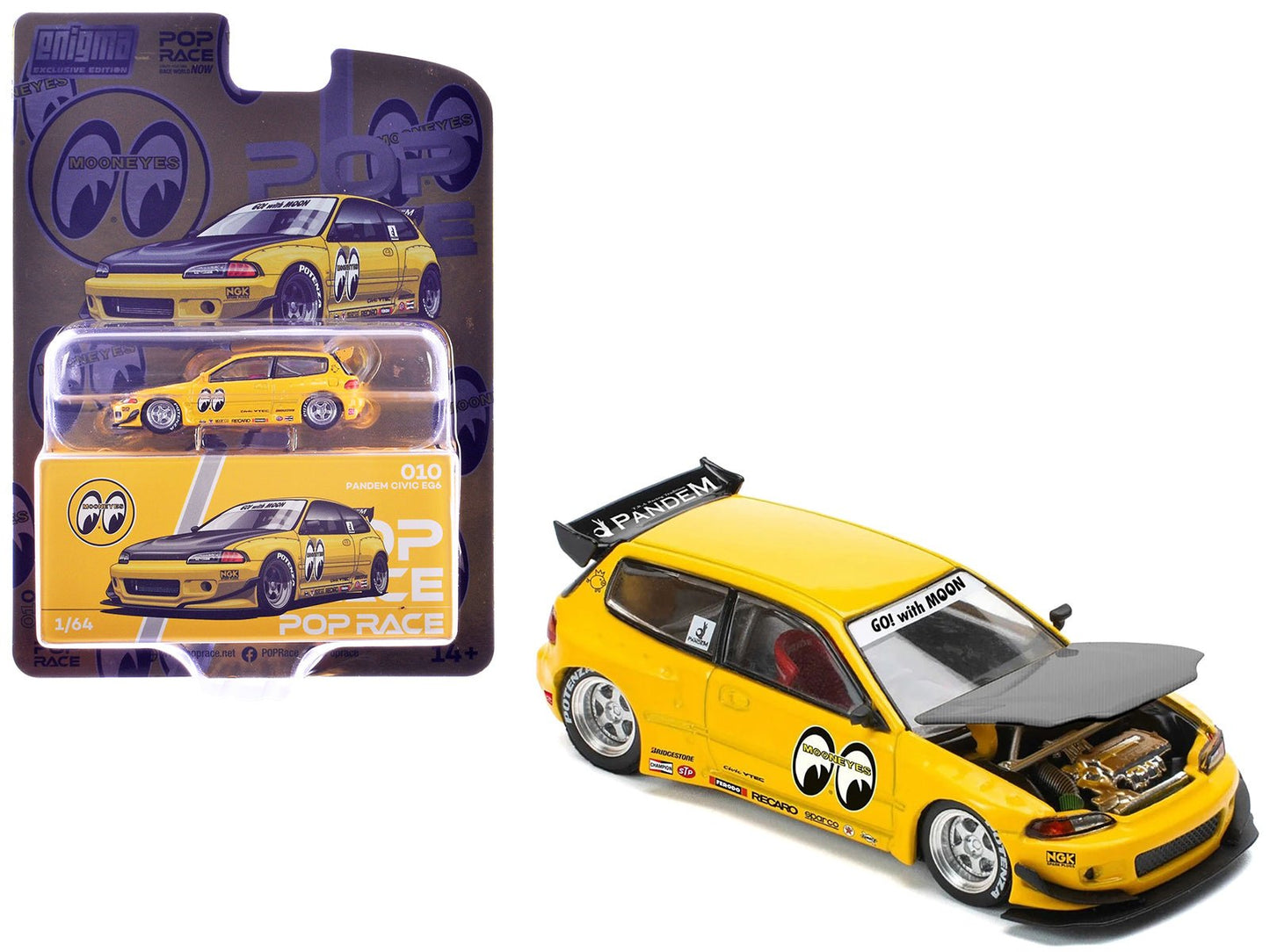Pandem Civic EG6 RHD (Right Hand Drive) "Mooneyes" Yellow with Carbon Hood "Enigma Exclusive Edition" 1/64 Diecast Model Car by Pop Race free shipping USA