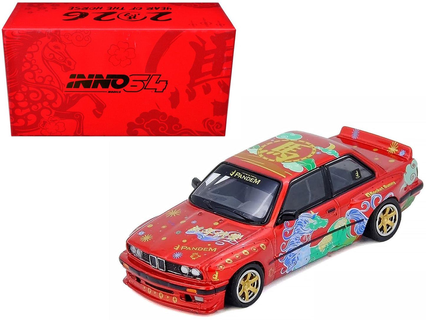 Pandem Rocket Bunny E30 "Year of the Horse - Chinese New Year 2026 Special Edition" Red Metallic with Graphics Limited Edition to 8888 pieces Worldwide 1/64 Diecast Model Car by Inno Models free shipping USA