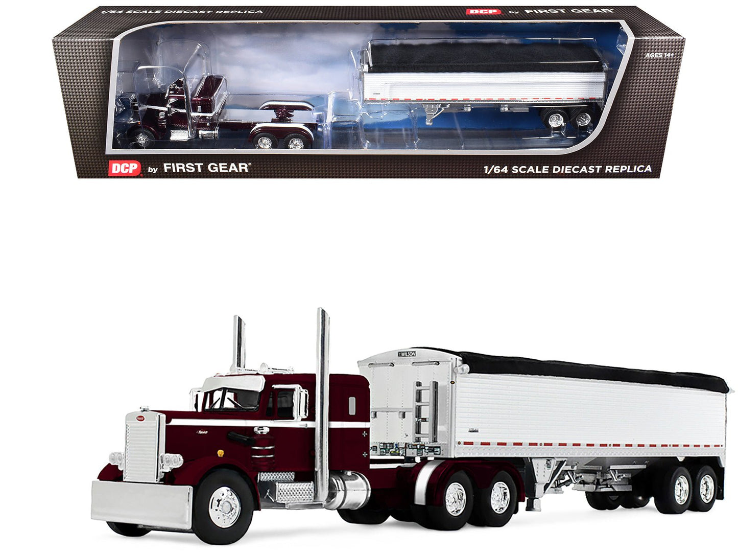 Peterbilt 351 with 36" Sleeper and 34' Wilson Pacesetter Grain Trailer Dark Cherry with White Stripes 1/64 Diecast Model by DCP/First Gear free shipping USA