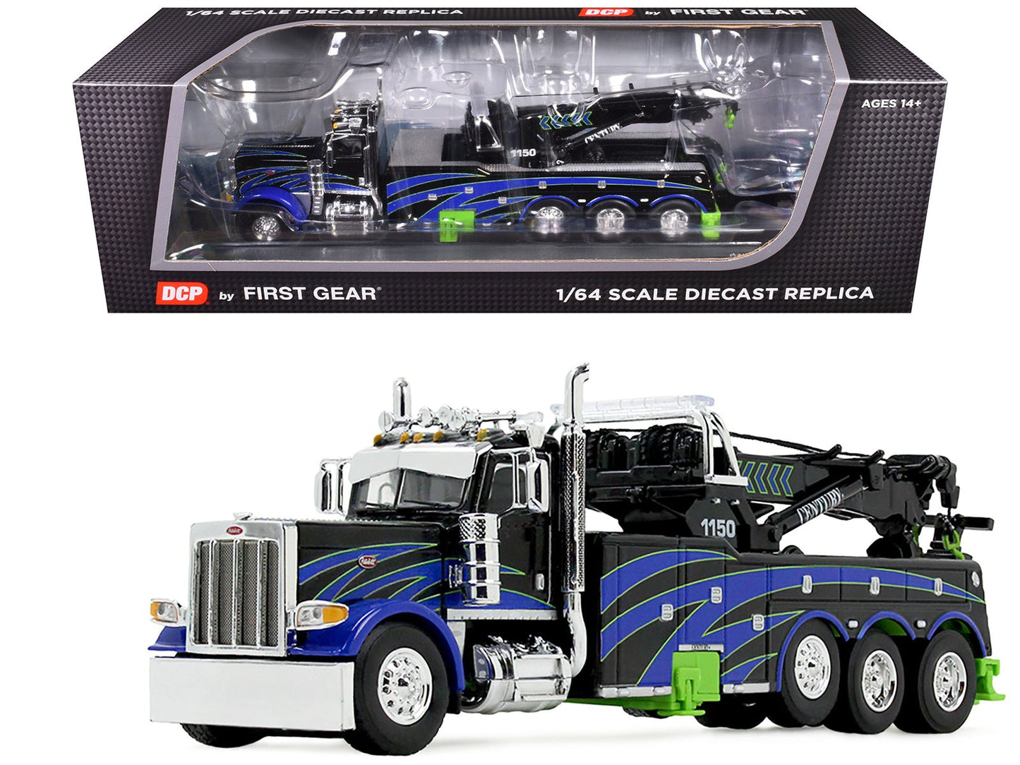 Peterbilt 389 Day Cab with Miller Century 1150 Rotator Wrecker Tow Truck Black with Blue and Green Graphics 1/64 Diecast Model by DCP/First Gear free shipping USA