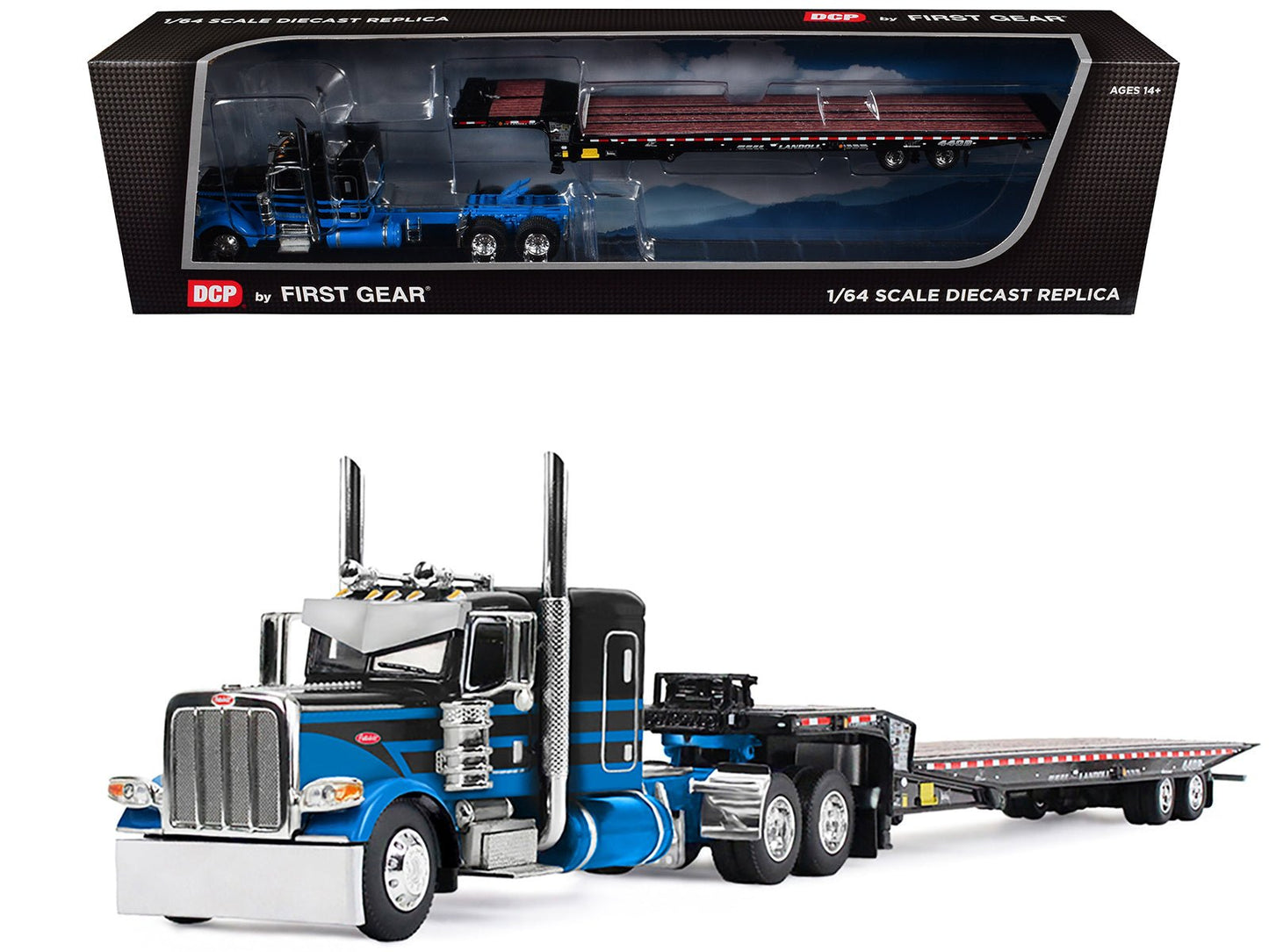 Peterbilt 389 with 48" Flat Top Sleeper and Landoll 440B-50CA Traveling Axle Trailer Black with Blue Stripes 1/64 Diecast Model by DCP/First Gear free shipping USA