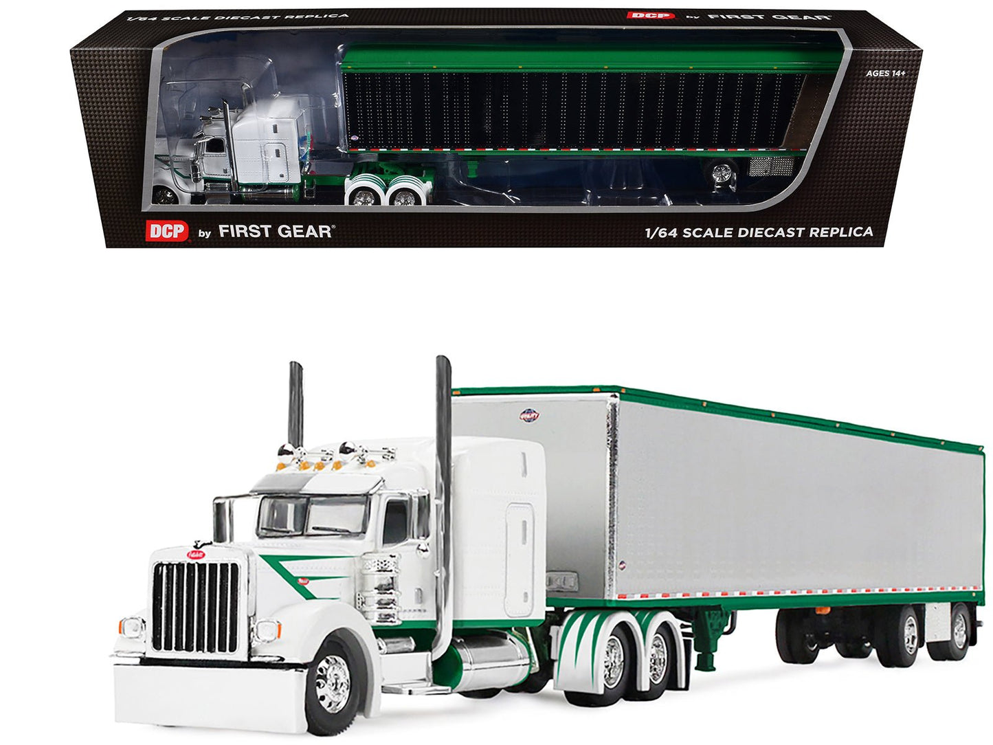 Peterbilt 389 with 63" Mid-Roof Sleeper and 53' Utility Trailer White with Green Stripes 1/64 Diecast Model by DCP/First Gear free shipping USA