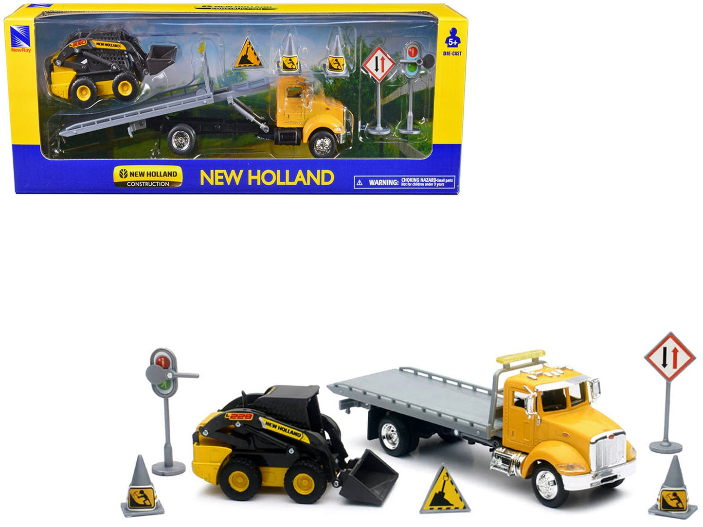 Peterbilt Roll-Off Flatbed Truck Yellow and New Holland L228 Skid Steer Yellow with Road Signs "New Holland Construction" Series 1/43 Diecast Model by New Ray free shipping USA