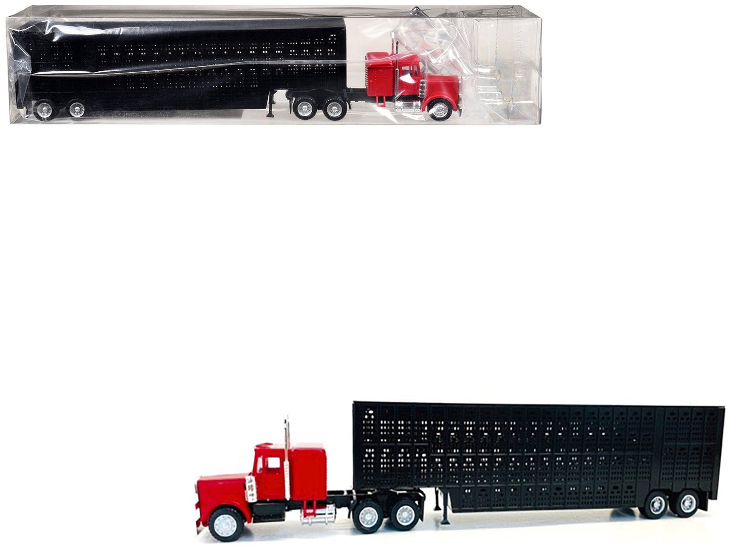 Peterbilt with Sleeper Cab Red with Black Livestock Trailer 1/87 (HO) Plastic Model Car by Promotex free shipping USA