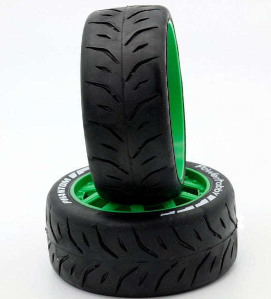 Powerhobby 1/8 GT Phantom Belted Mounted Tires 17mm Medium Green Wheels