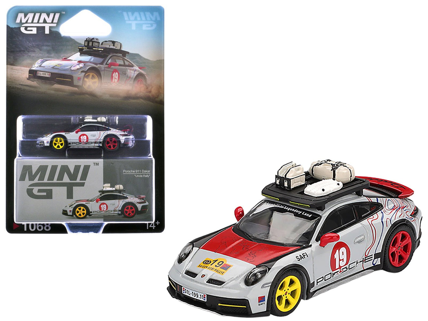 Porsche 911 Dakar #19 "Uncle Rally" Gray with Graphics and Roof Rack Limited Edition 1/64 Diecast Model Car by Mini GT free shipping USA