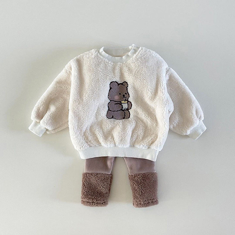 Baby Bear Embroidered Pattern Plush Hoodies Combo Pants Pieces Sets by MyKids-USA™