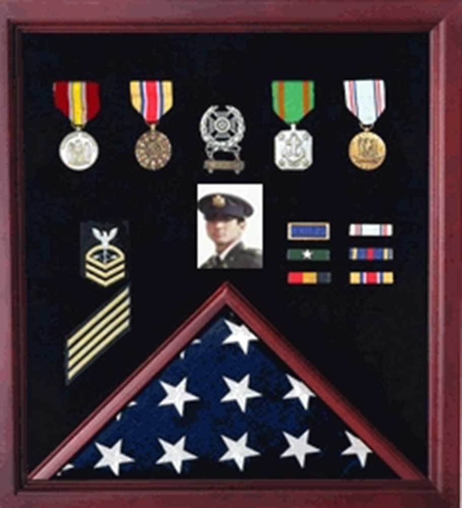 Flag Display Case Combination For Medals and Photos - Cherry
